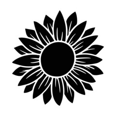 Sunflower simple icon. Flower silhouette vector illustration. Sunflower graphic logo, hand drawn icon for packaging, decor. Petals frame, black silhouette isolated on white background