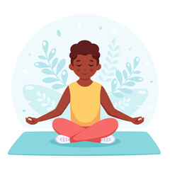 Black boy meditating in lotus pose. Gymnastic, yoga and meditation for children. Vector illustration