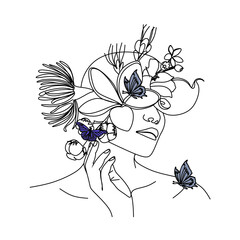 Woman face with butterfly and flowers. Line art female hands with butterflies. One line vector drawing. Portrait minimalistic style. Botanical print. Nature symbol of cosmetics.
