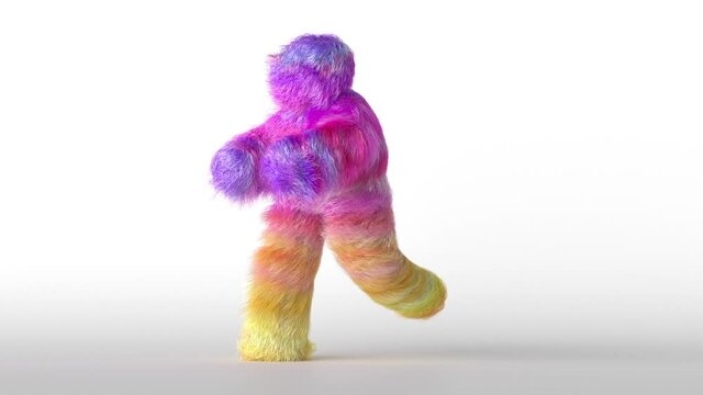 3d colorful hairy cartoon character jumps from side to side. Furry toy is having fun. Funny dance moves.