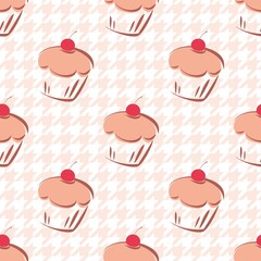 Tile vector background with cherry cupcake and pink houndstooth pattern