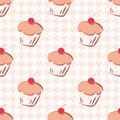 Tile vector background with cherry cupcake and pink houndstooth pattern
