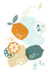 Contemporary abstract poster with lemons. Citrus fruits are whole, sliced, simple shapes. Art print. Vector graphics.
