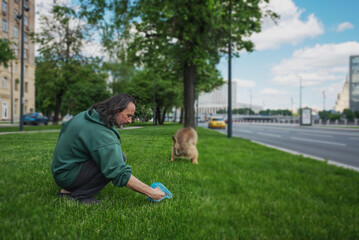 A man removes dog feces from the grass in the city. Responsible dog owner and cleanliness of streets