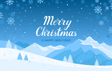 Merry Christmas and Happy New Year banner. Festive blue background with winter landscape, mountains, snowflakes and fir trees. Vector greeting card, poster. Cartoon flat illustration.