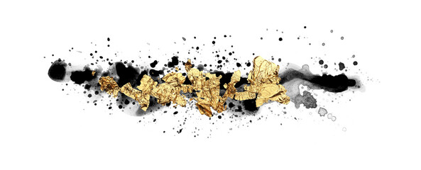 Black Art Watercolor flow blot with drops splash and gold elements. Abstract texture color stain on white background.