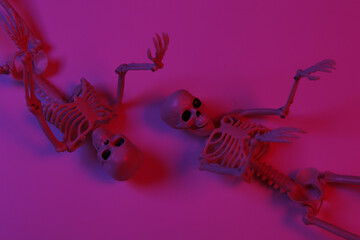 Scary skeletons in pink gradient neon light