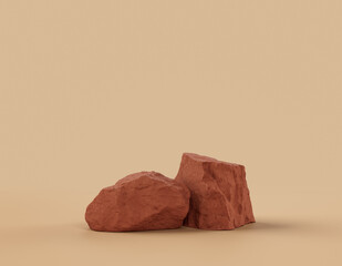 Brown color rocks in a flat color background, for product displays with copy space, 3d Rendering