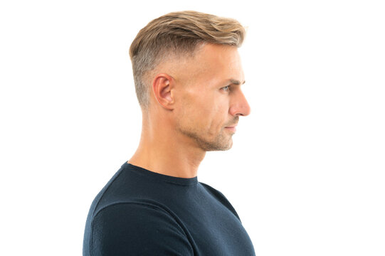 Seriously handsome. Portrait of man in profile. Caucasian man side-face. Serious guy side-on