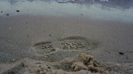 Closeup blue sea waves water washing foot trace on sand beach. Nature background