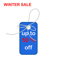 Winter sale - bright label on a cord from a rope - vector.