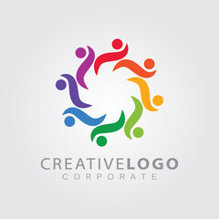 Creative geometric design with colored circles symbolizes the idea of united group or team for a business logo.