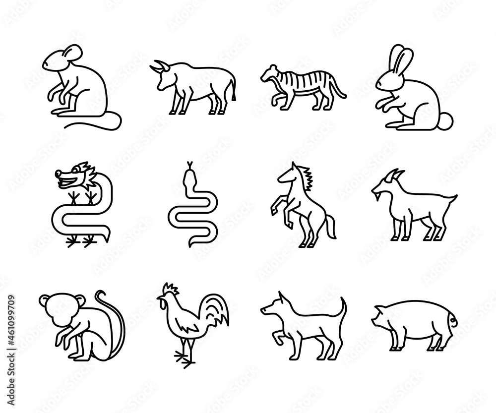 Canvas Prints Chinese Zodiac Animal Sign Black Thin Line Icon Set Include of Dragon, Rabbit, Tiger and Horse. Vector illustration of Icons