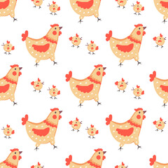 Seamless vector pattern with hens and chickens on a white background
