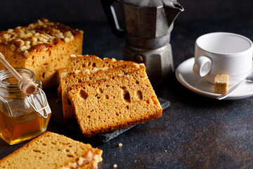 Homemade gingerbread. Homemade gingerbread made with honey, served on a plate.