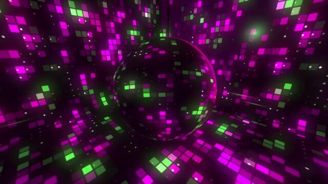 Abstract slowly spinning disco ball reflecting colorful squares. Motion. Mosaic pattern with abstract disco lights at the night club.