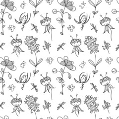 Seamless vector floral doodle pattern white background. Ornament from branches with leaves and flowers. A pattern from sketches of flowers.
