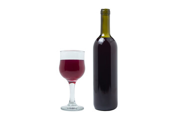 Bottle and glass of red wine on a white background. Wine alcoholic drink.