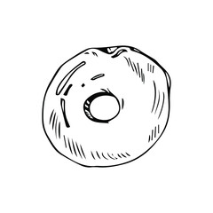 Donut isolated on white background. Vector illustration in a doodle style. Line art. Perfect for restaurant menu design, cafe, kitchen, web site, print on the cloth. Appetizing food image. Eps10.