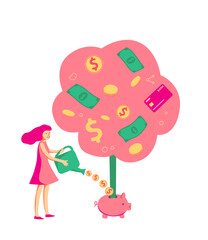 Girl growing money tree by coins. Trader, investor concept for stock trading. Flat vector design - passive investment