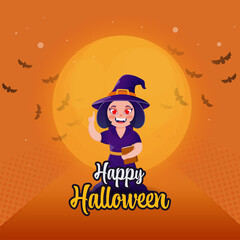 Sticker Style Happy Halloween Font With Cheerful Witch Holding Book And Flying Bats On Orange Halftone Background.