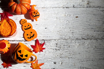horror spooky funny ghost in halloween on holiday season greeting night celebration party with toy prop decoration and trick or treat autumn october festival and jack-o-lantern concept