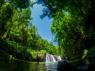 View of a hidden waterfall located in Mauritius