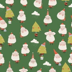 Seamless Pattern with Funny Cartoon Santa Clauses on Green Background