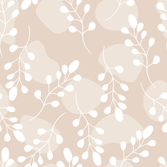 Floral seamless with hand drawn color leaves. Cute autumn background. Tropic beige branches. Modern floral compositions. Fashion vector stock illustration for wallpaper, poster, card, fabric, textile.