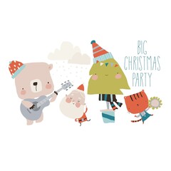 Cute Cartoon Santa Claus celebrating Winter Holidays with Funny Animals