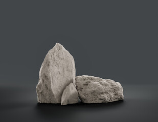 Single color white rocks in a flat grey color background for product displays with copy space, 3d Rendering