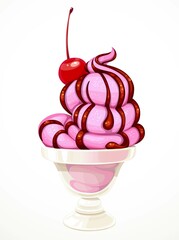Soft pink fruit or berry ice cream poured with chocolate syrup with cherry in bowl isolated on a white background