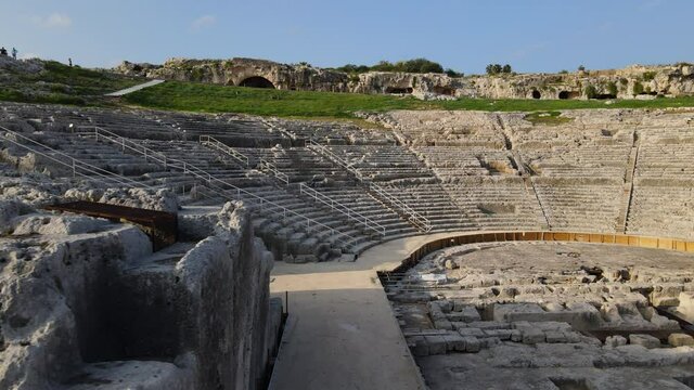 Amazing Aerial shot of inside the Roman amphitheater of Syracuse Sicily, taken on summer 2021