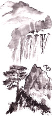 Obraz premium Mountain landscape with waterfall and pine trees in chinese style ink drawing