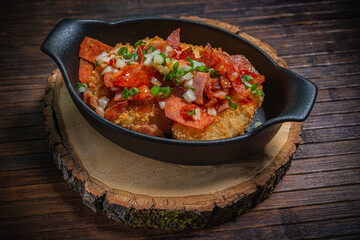 Meat stew with baked potatoes- hunter style. Fastfood- restaurant concept