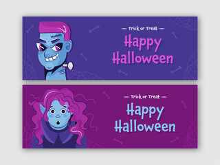 Happy Halloween Banner Or Header Design With Zombie, Female Vampire Or Witch In Two Color Options.