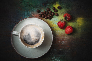 Hot coffee and fruit on the table