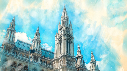 Watercolor pattern of Vienna Austria colorful illustration card town hall - obrazy, fototapety, plakaty