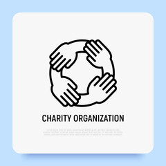 Teamwork, hands holding each other by wrist. Thin line icon. Collaboration, support, solidarity, effective work in group. Vector illustration.