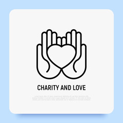 Heart in palms thin line icon. Symbol of charity, care and support each other. Modern vector illustration.