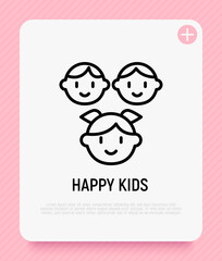 Fototapeta premium Happy smiling kids thin line icon, girl with tails and two boys. Modern vector illustration.