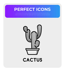 Cactus in pot thin line icon. Modern vector illustration of home plant.