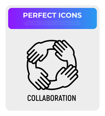 Collaboration thin line icon: four hands holding each other. Modern vector illustration of teamwork, support, partnership.