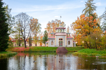 Saint PETERSBURG, Russia - October 2021: Chinese houses in the autumn Catherine Park, Tsarskoye...