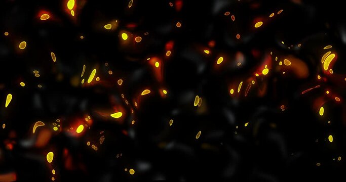 Abstract orange fiery particles, flowing flames sparkles, luxury dark motion video, fluid art with fire elements, liquid flow with flames concept