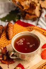 A cup of hot tea on a book on a knitted napkin among the autumn leaves on a blurred background. Autumn still life.