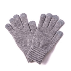 top view gray woolen gloves isolated white background