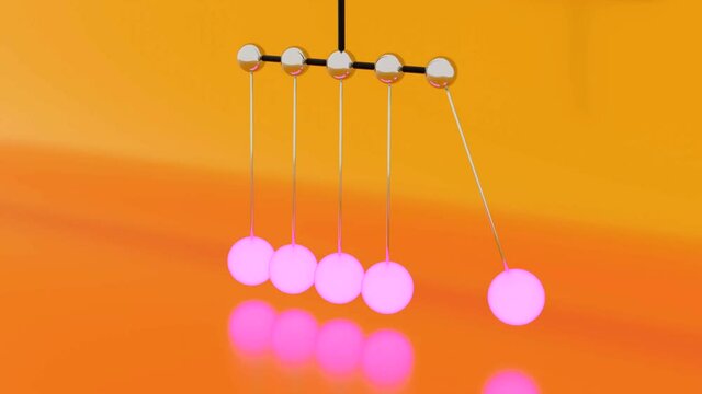 Animation with glowing Newton balls. Design. 3D Newton's pendulum to prove law in physics. Newton's Soothing pendulum with moving balls