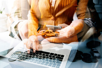 car and key on stacks of coin, car loan concept, Saving money for car concept, trade car for cash concept, finance concept.