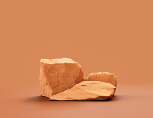 Single color yellow rocks in a flat yellow color background for product displays with copy space, 3d Rendering